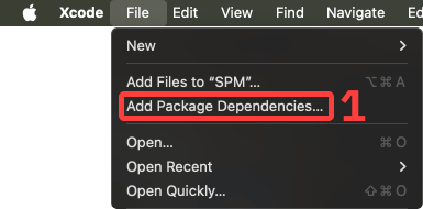 Screenshot highlighting the 'Add Package Dependencies' item in the menubar