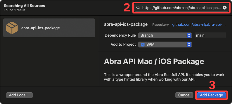 Screenshot highlighting the search field and 'Add package' button