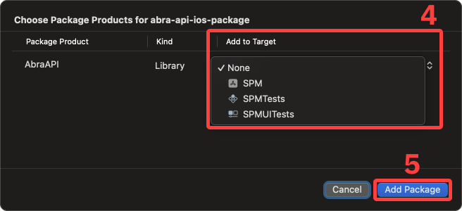 Screenshot highlighting the target selector and 'Add package' button