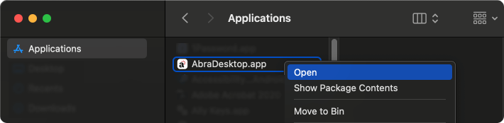 Opening Abra Desktop from the Applications folder using Finder