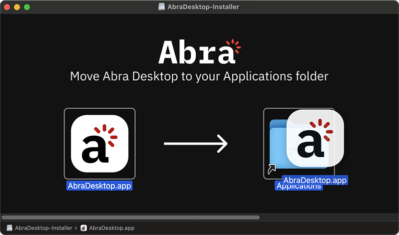 Abra Desktop app being dragged to Applications folder