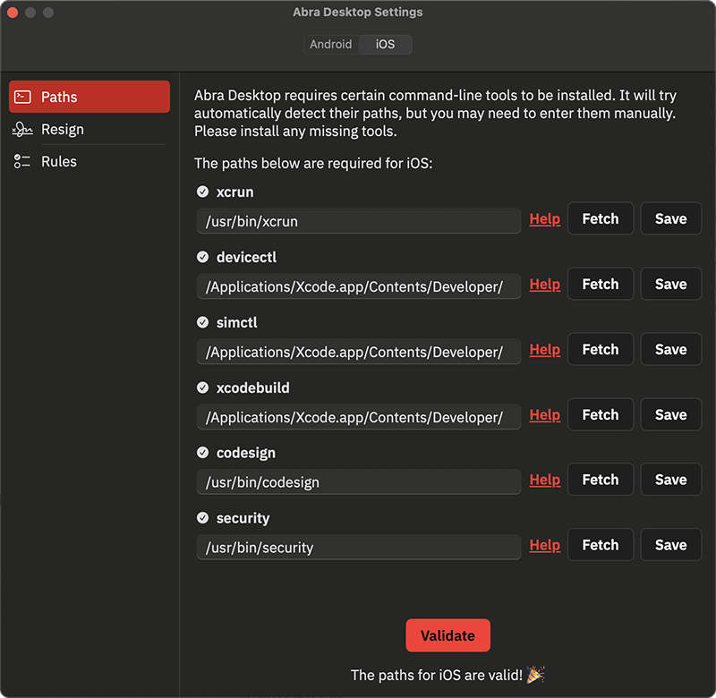 Validated iOS paths in Abra Desktop Settings