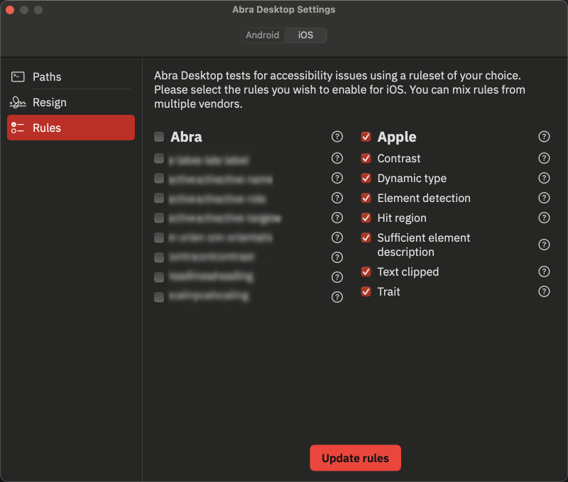 List of rules in Abra Desktop
