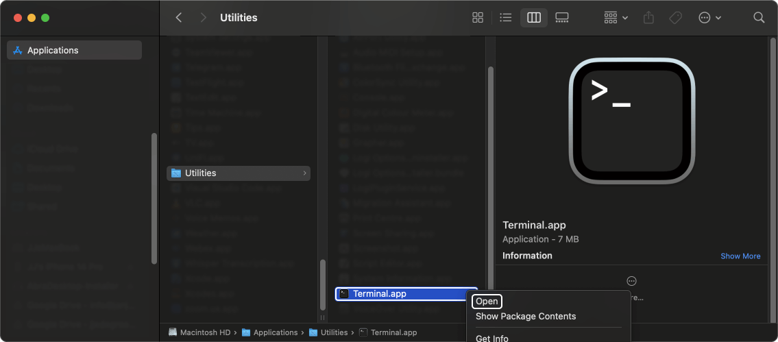 The path in Finder to open the Terminal app