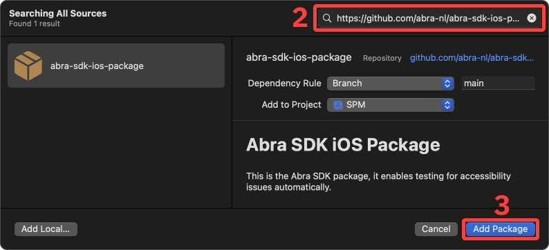 Screenshot highlighting the search field and 'Add package' button