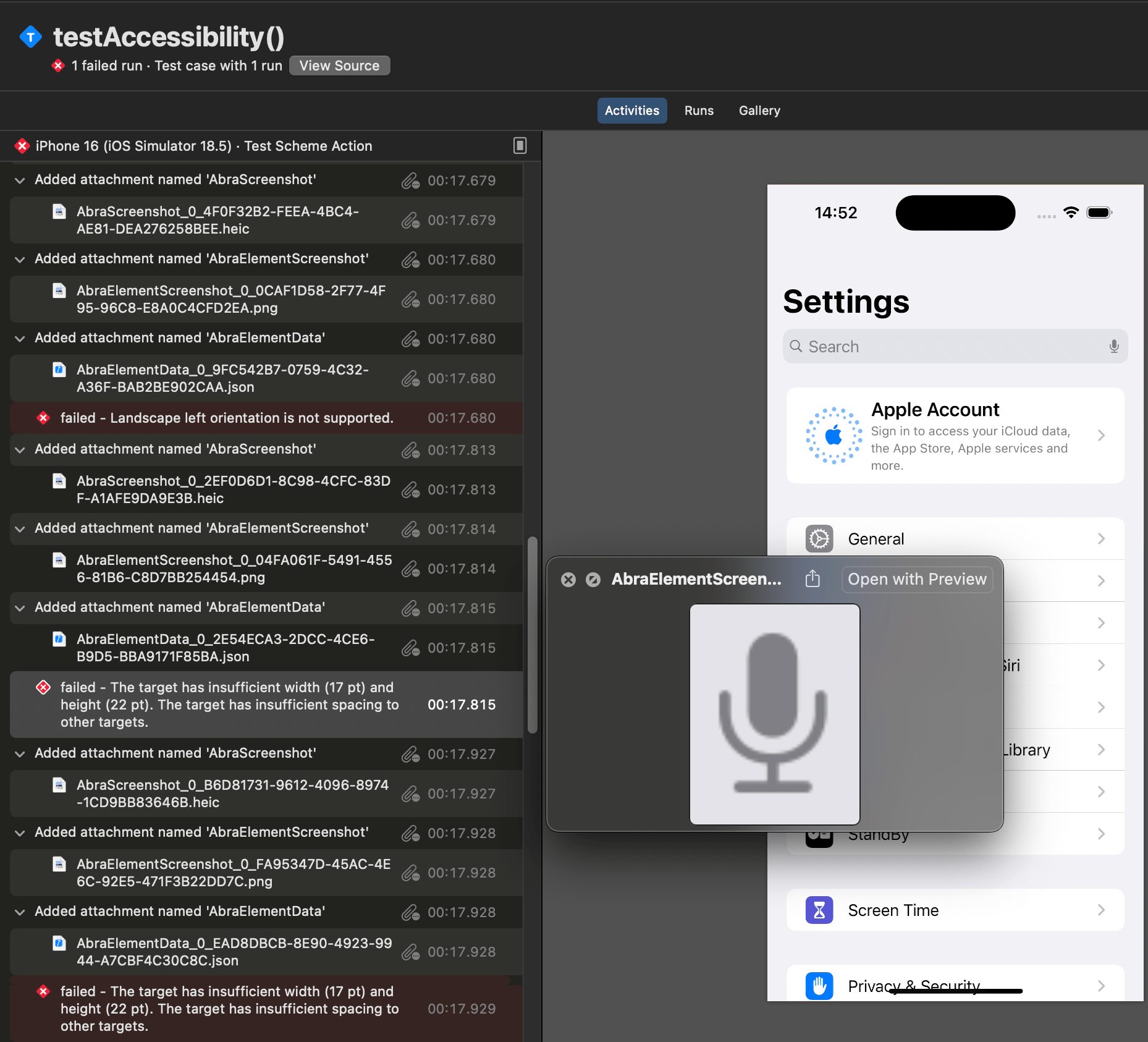 Screenshot of Xcode Report Navigator, which shows failures together with screenshot, snapshot and element attachments