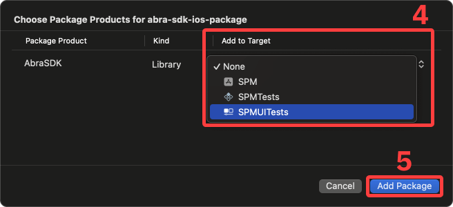 Screenshot highlighting the target selector and 'Add package' button