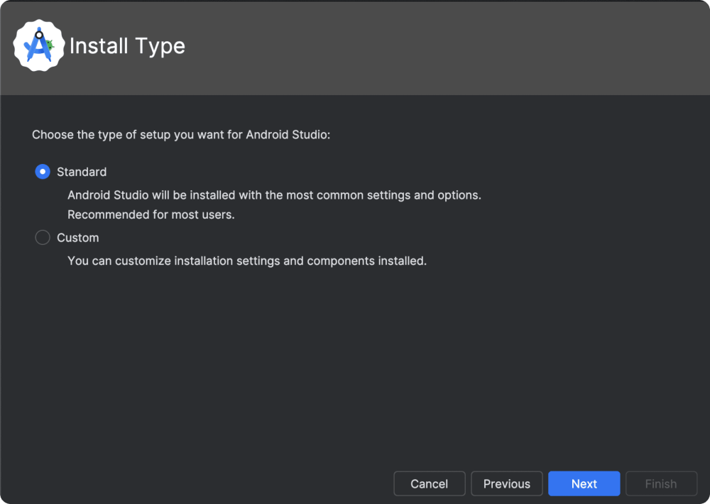 Android Studio setup window, it shows two options, the standard option is highlighted