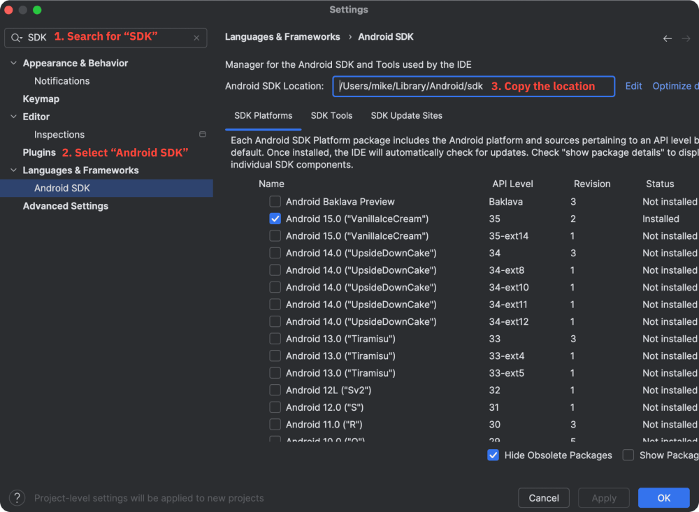 Android Studio settings screen with annotations highlighting the steps listed in the paragraph above