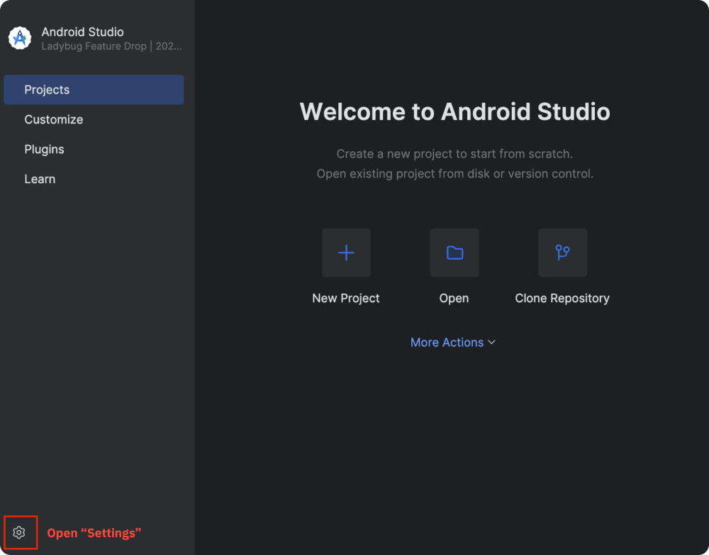 Android Studio welcome screen with a red box around the settings icon, annotated with the text 'Open settings'.
