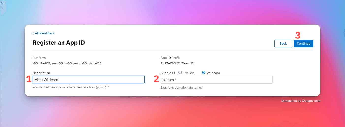 Apple developer website showing an example description and wildcard bundle setup