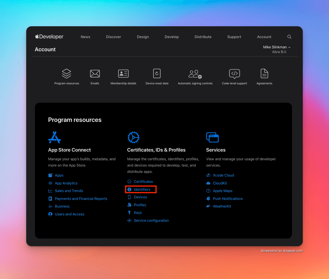 Apple Developer website with the identifiers navigation item highlighted