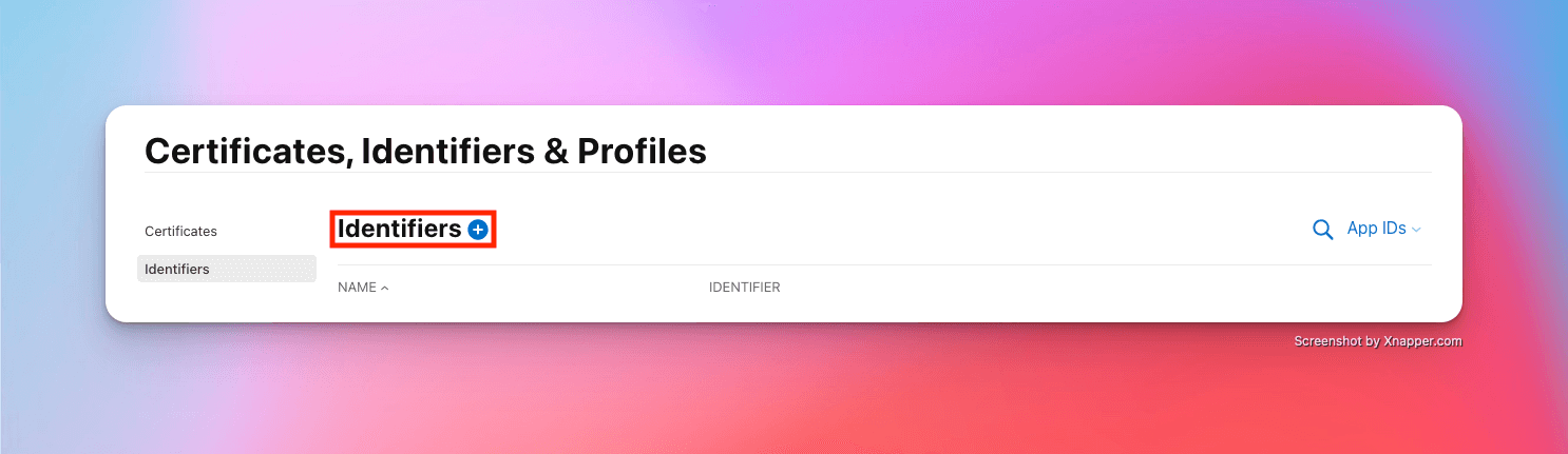 Apple Developer website page with the add identifier button highlighted