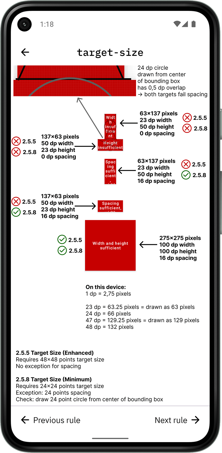 Five targets are positioned in an app on an Android device. For each target, the width, height and spacing are calculated to determine whether they pass or fail the target size requirements.