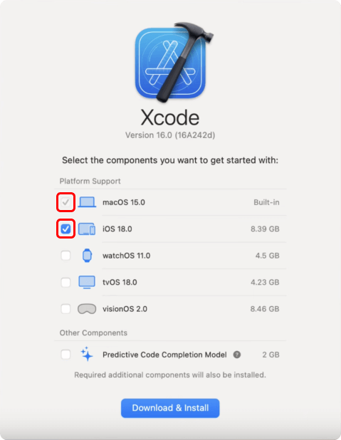 Installing Xcode components, highlighting macOS and iOS