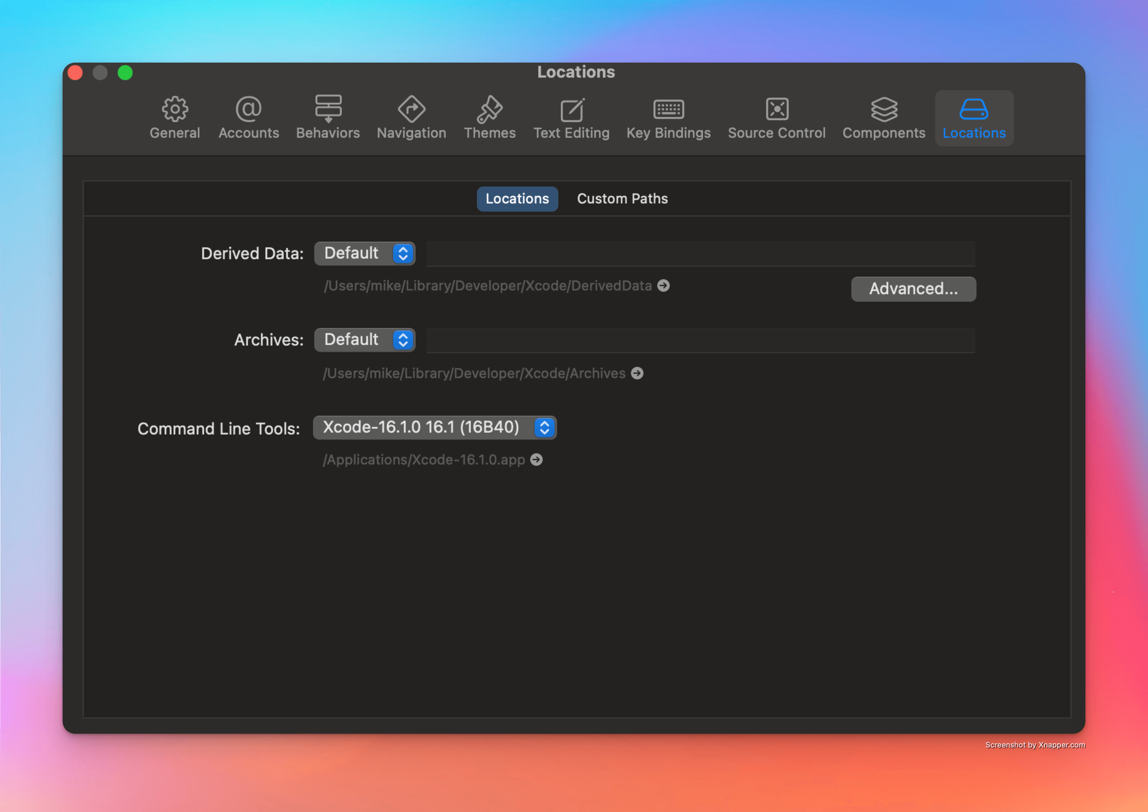 Xcode settings opened on the location tab with a default valid setup