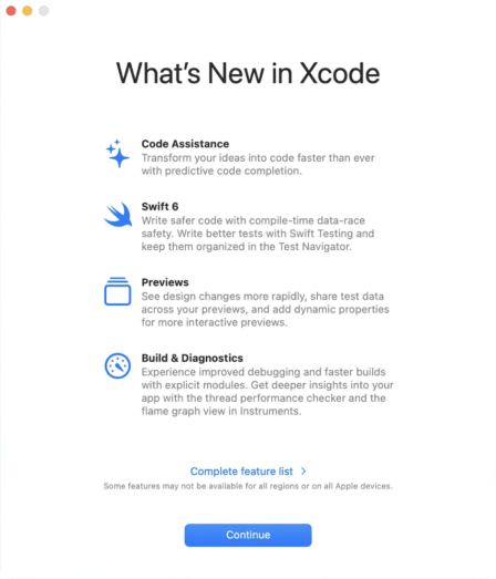 The welcome screen of Xcode, showing what's new